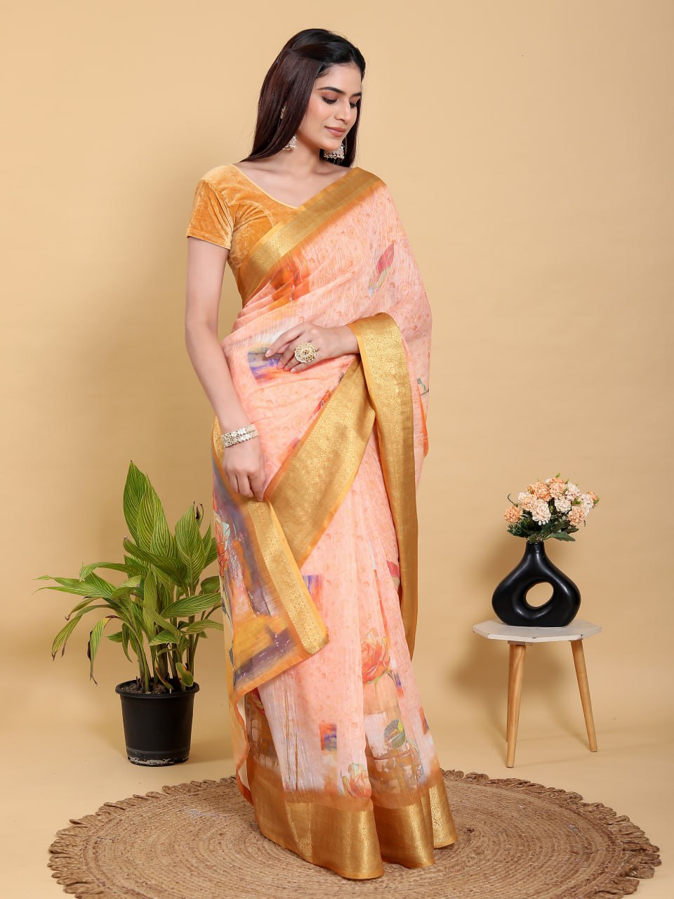 Abstract Peach & Gold Floral Linen Cotton Saree | Jacquard Patta Saree with Antique Gold Border